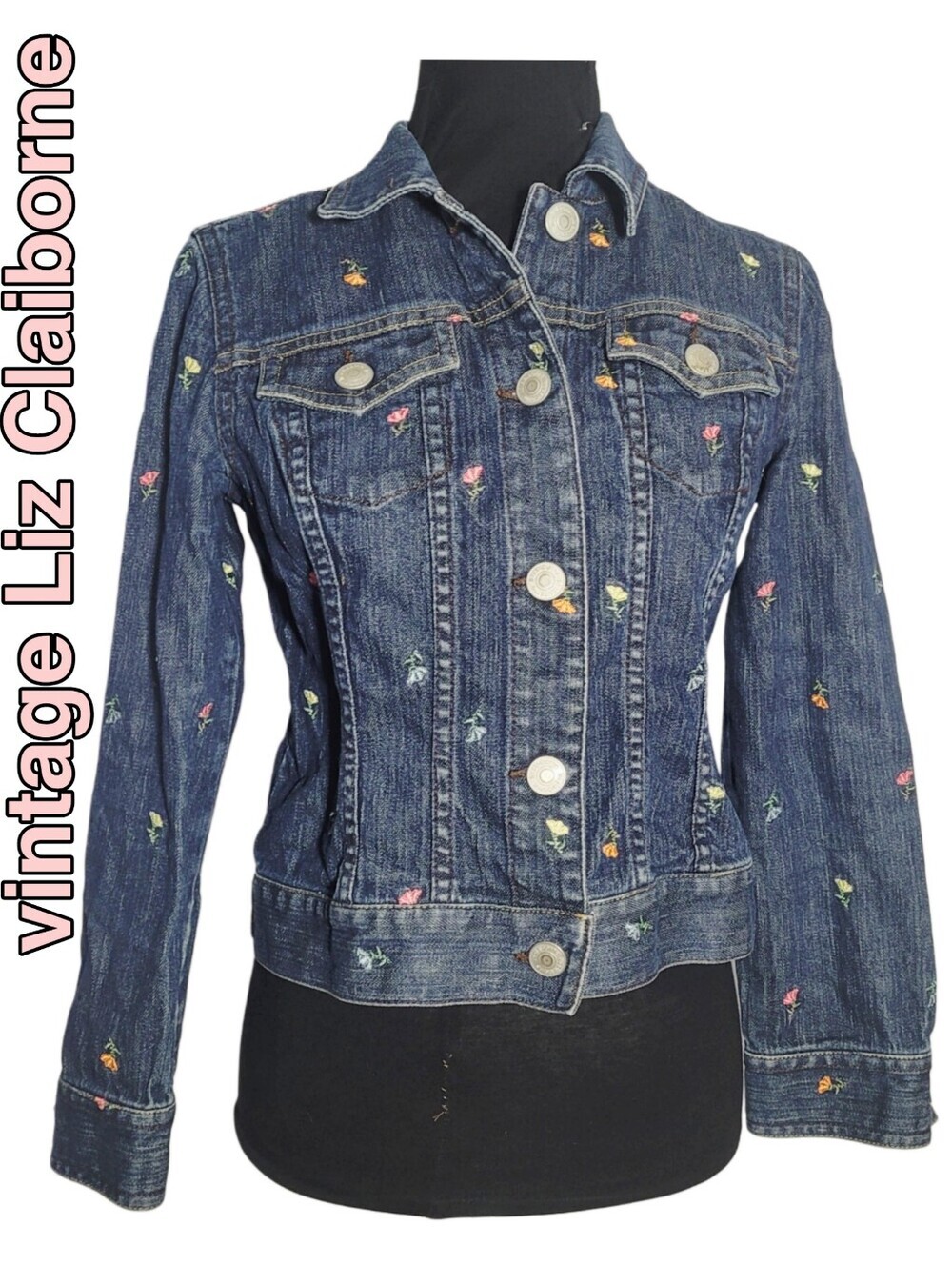 Vintage Liz Claiborne  Blue Denim Jacket w/ Multicolor Floral Embroidery